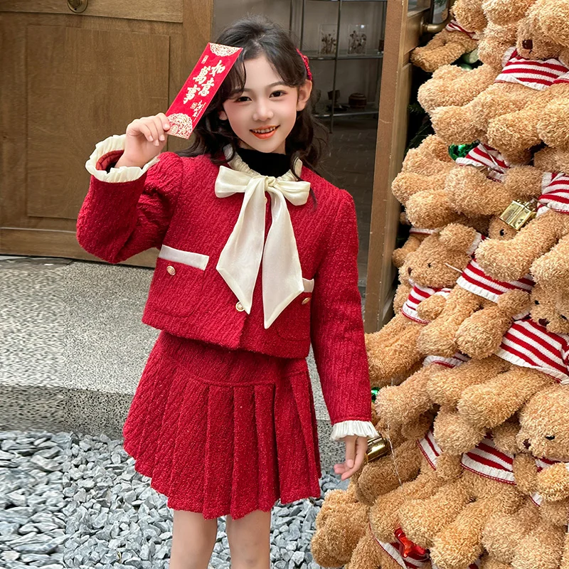 teen girls red new years clothes set Thick cotton bow round neck jacket+Pleated skirt 2pcs Design junior kids suit child outfits