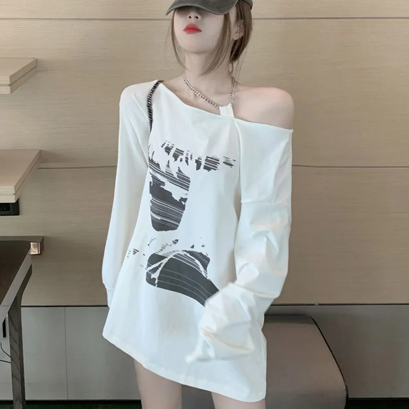 Spring Autumn Off Shoulder Long Sleeve T-Shirts Women Clothes New Fashion Irregular Strapless Chain Trend Mid Length Top Femme