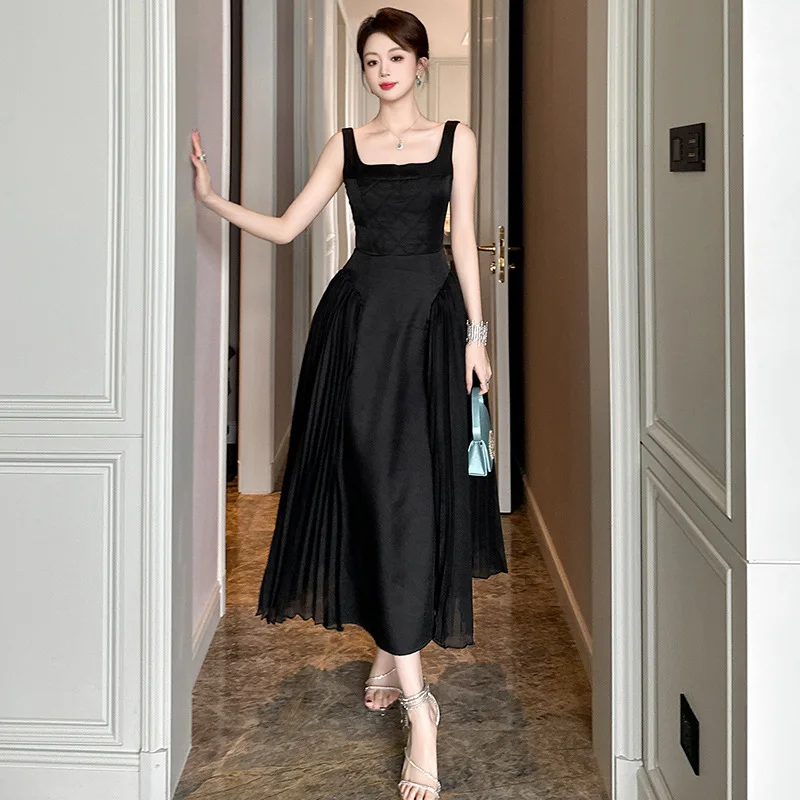 

A-Leibniz - Hepburn Style, Black Long Skirt, Summer, New Style, French Design, Square Collar, Waist, Pleated Dress