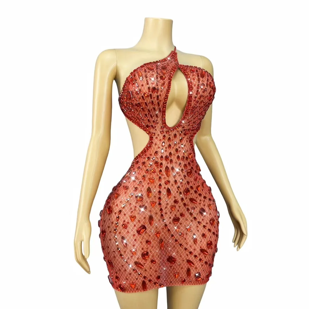 Vestido Sexy Sensual para mujer, vestido ceñido con tachuelas de cristal recortado, Mini vestido transparente para discoteca de noche, ropa de dormir, disfraces de Showgirl