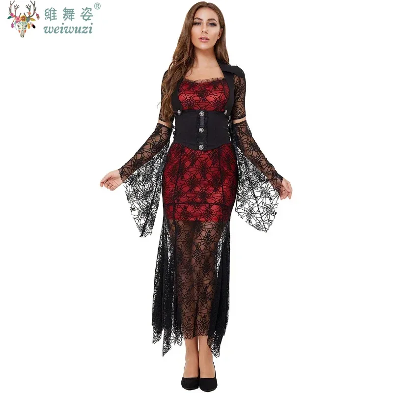 Halloween Cosplay Gothic Witch Vampire Sexy Lace Hip Wrap Dress Black Evil Wizard Ghost Bride Perspective Dress Carnival Costume
