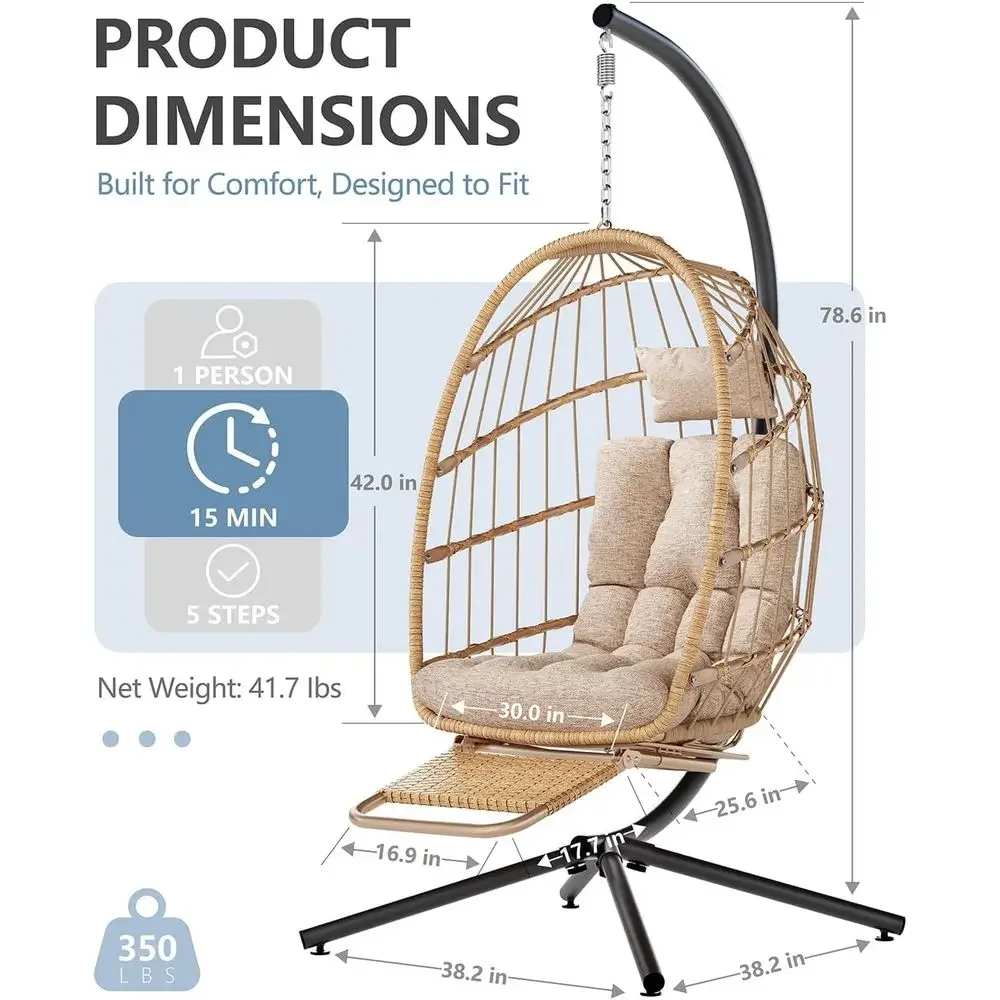 Outdoor Egg Chair with Stand and Cushion, Suitable for Patio, Bedroom, or Garden - Cream