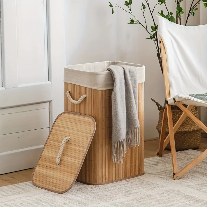 

1pc Foldable Bamboo Laundry Basket with Collapsible Frame - Rattan Clothes Hamper, Space-Saving Rectangular Storage Bin for