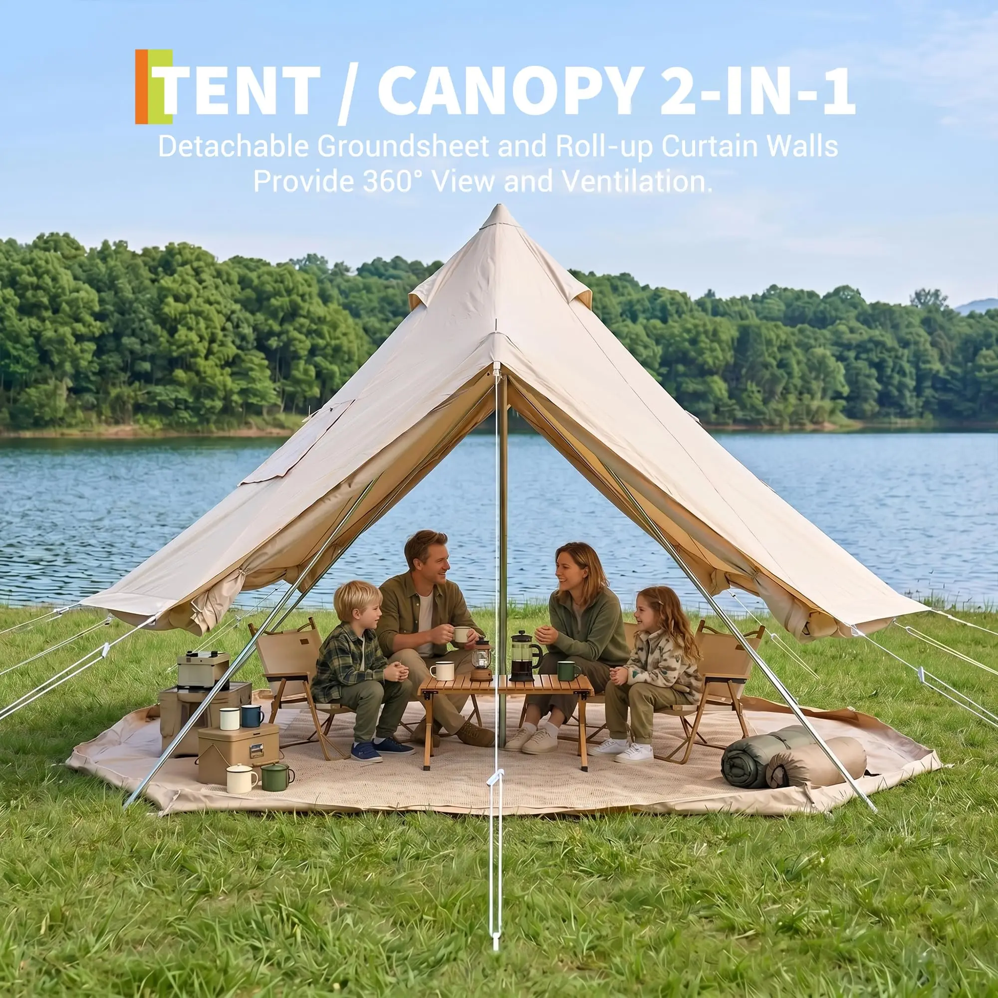 All-Season Canvas Bell Tent with Stove Jack – 9.84 FT Glamping Yurt Hot Tent, Heavy Duty PVC Base, Mesh Windows – Ideal for Family Camping, Outdoor Pursuit, Parties – Beige