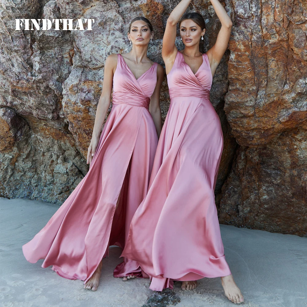 

Findthat Elegant Ruched V-Neck Satin Bridesmaid Dress 2024 Boho Sleeveless A-Line Prom Party Gowns with Slit Floor Length Custom