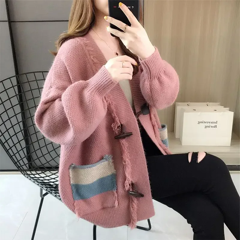 DAYIFUN 2023 Autumn Winter Knitted Cardigan Women New Tassel Design Horn Button Sweater Coat with Pockets Fashion Loose Jumpers