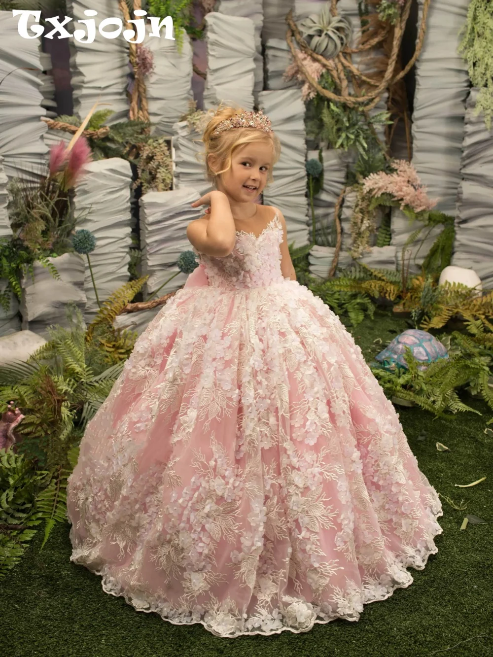 Pink Shinny 3D Floral Princess Gown For Kids Birthday party Classic Oneck Sleeveless Girls Dresses Performance Costumes 2-14Y