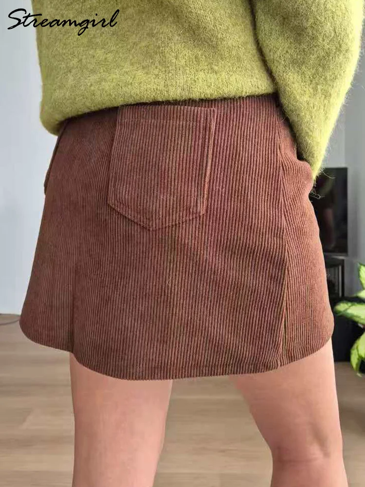 تنورة قصيرة من Streamgirl للخريف مع شورت نسائي تنانير قصيرة عتيقة باللون البني مع سحاب للمكتب للسيدات في الخريف