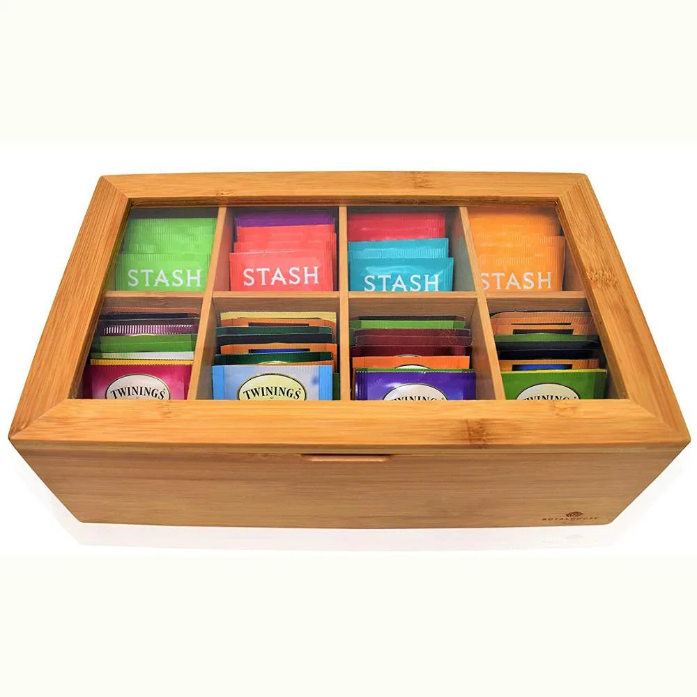 Acrylic lid 8 compartment coffee adjustable popular wooden organizer bamboo tea bag storage box for tea bags