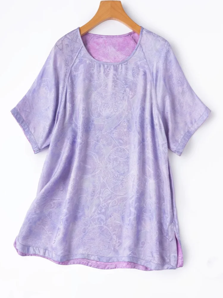 Birdtree, 20MM 100% Silk Jacquard Tshirt, O-neck Reversible Top, Women Plain Satin Grass-dyeing Shirt, 2026 Autumn New T67040JF