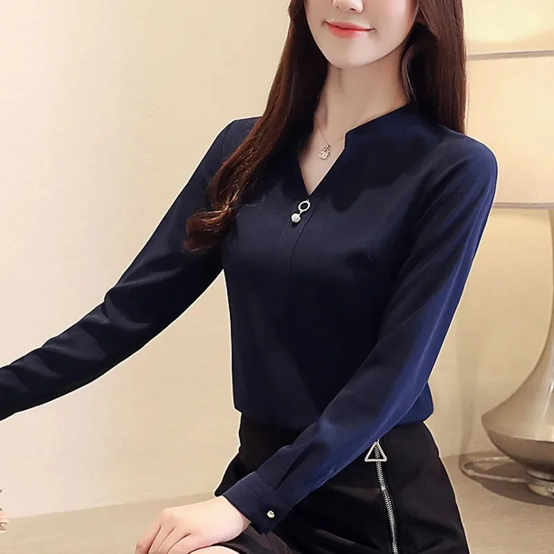 Women\'s V-Neck Chiffon Blouses, Blue Shirt, Loose Beading Tops, Elegant Clothes, Solid, Fashion, Spring, 2412