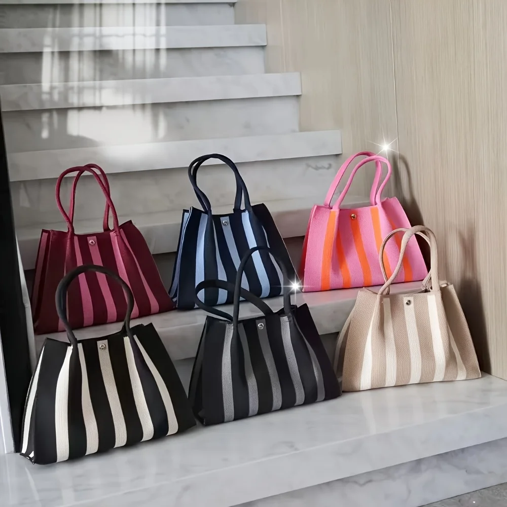 Neue farbblockierende Tragetasche mit gestricktem Streifen-Design, Handtasche mit großem Fassungsvermögen für den Pendelverkehr von Frauen