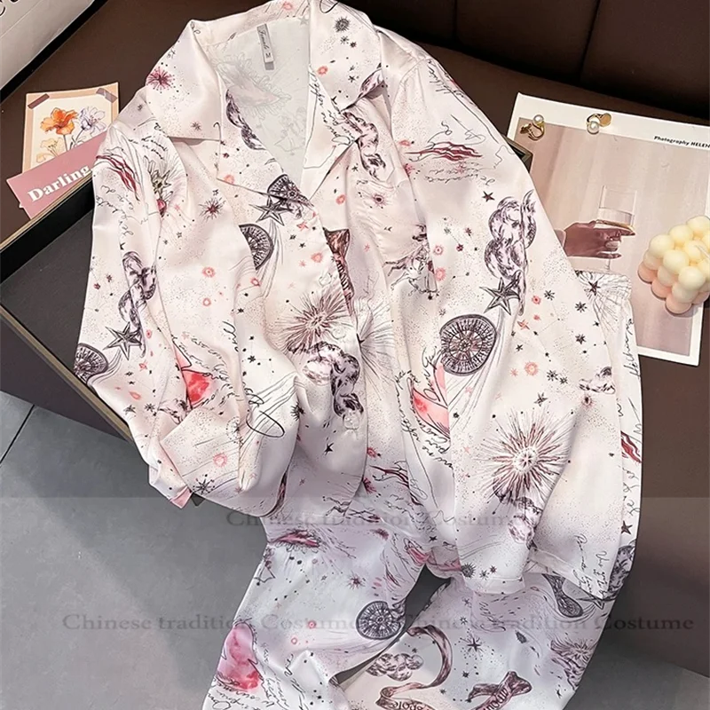 

Женский модный пижамный комплект с принтом, одежда для сна с длинными рукавами, брюки с эластичной резинкой на талии, костюм из искусственного шелка, Mujer, осенне-весенняя одежда для отдыха