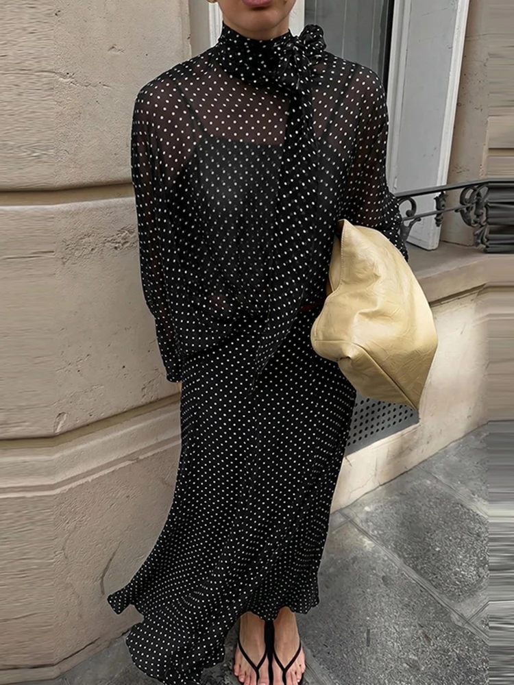 Fashion Elastic Waist Half Skirt Women Party Outfit Polka Dot Print Chiffon 3 Piece Set Bow O Neck Long Sleeved Top Elegant Suit