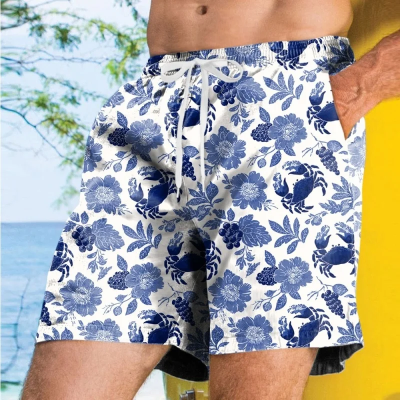 3D พิมพ์ดอกไม้องุ่นสั้นกางเกงสําหรับชายสนุกรูปแบบปูกางเกงขาสั้นชายหาดแฟชั่น Casual หลวม Street Hawaiian Surf กางเกงว่ายน้ํา