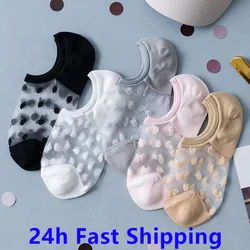 5Pairs Fashion Women Girls Summer Boat Socks Lace Short Soft Thin No Show Non-slip Sox Antiskid Slippers Invisible Ankle Low Sox