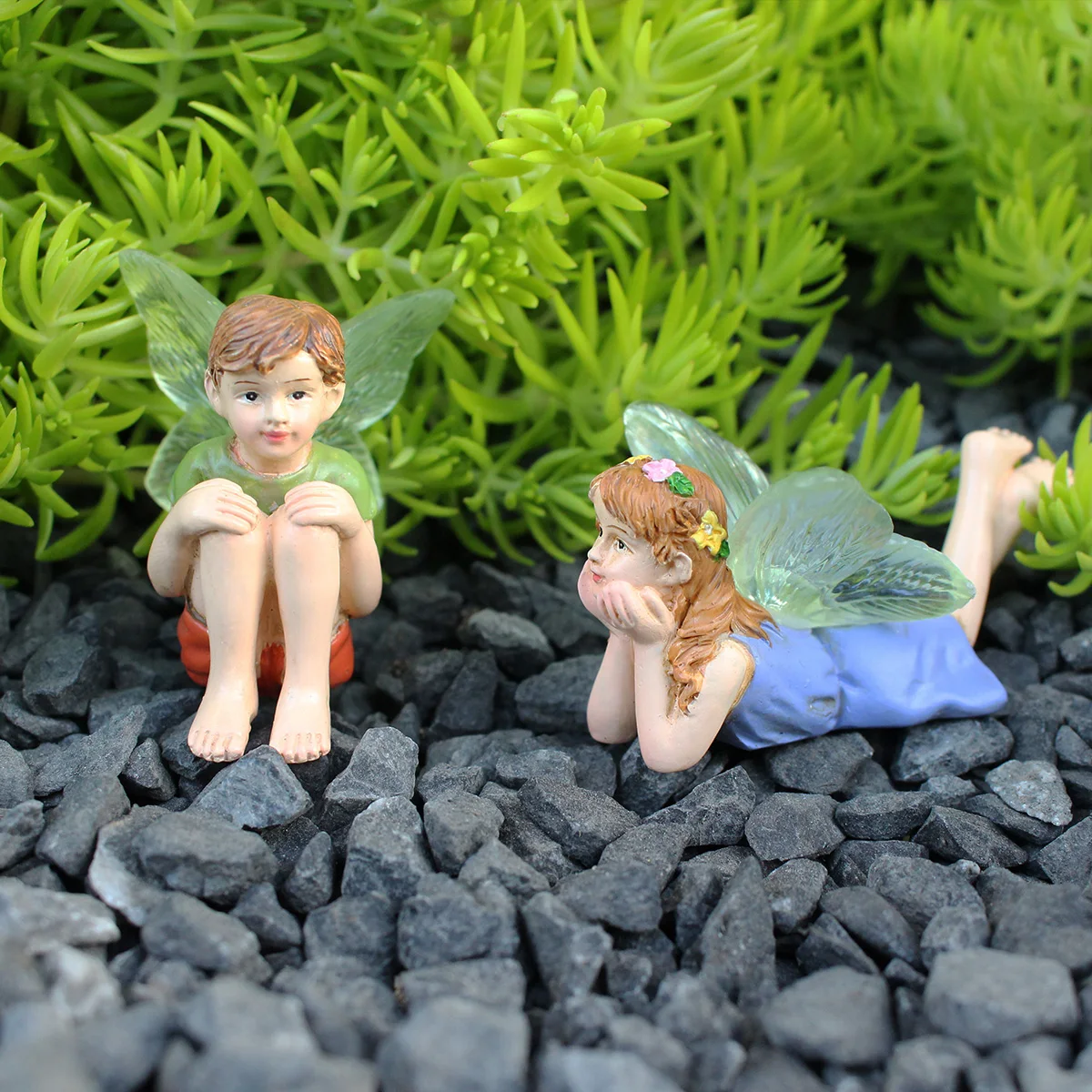 2PCS Boy & Girl Fairy Figurine Set, Resin Miniature Fairy Garden Decor for Outdoor Patio Bonsai Pot Home Gift