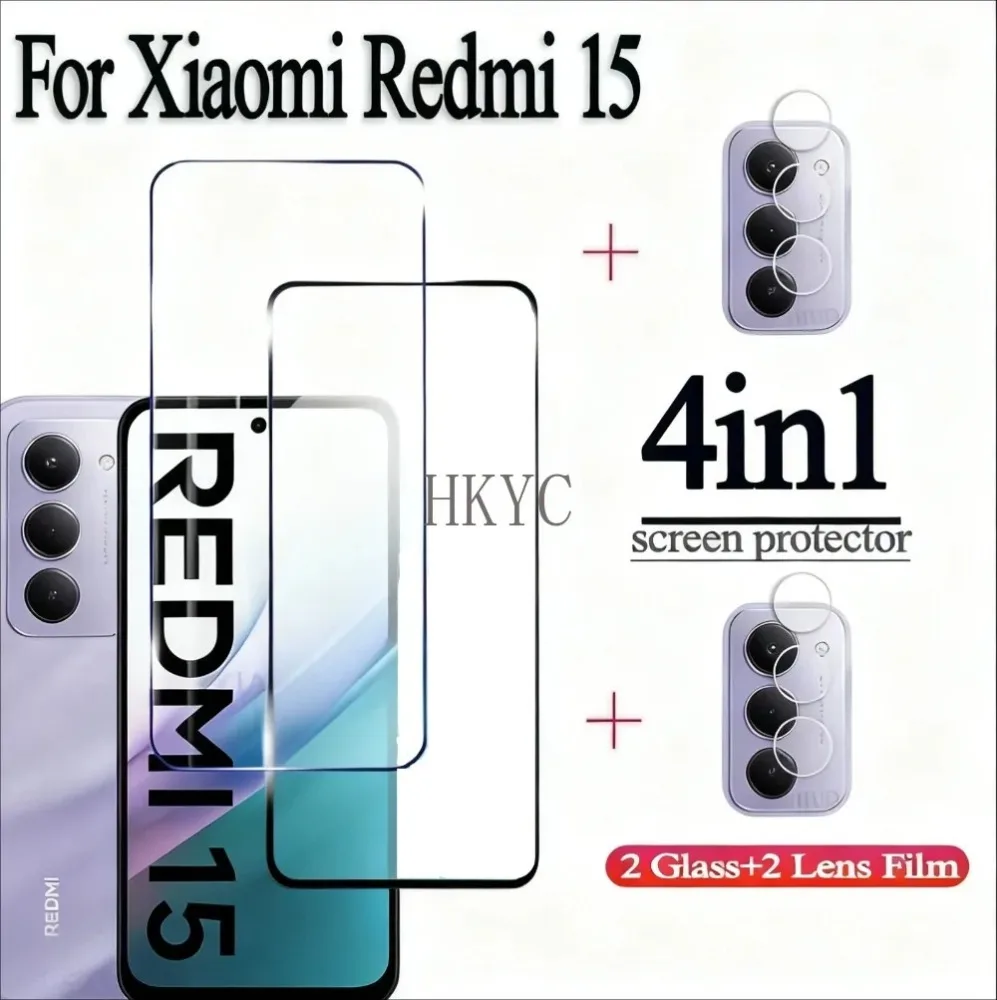 

For Xiaomi Redmi 15 Series 2PCS transparent tempered glass high definition screen protector+2PCS camera lens high sensitivity
