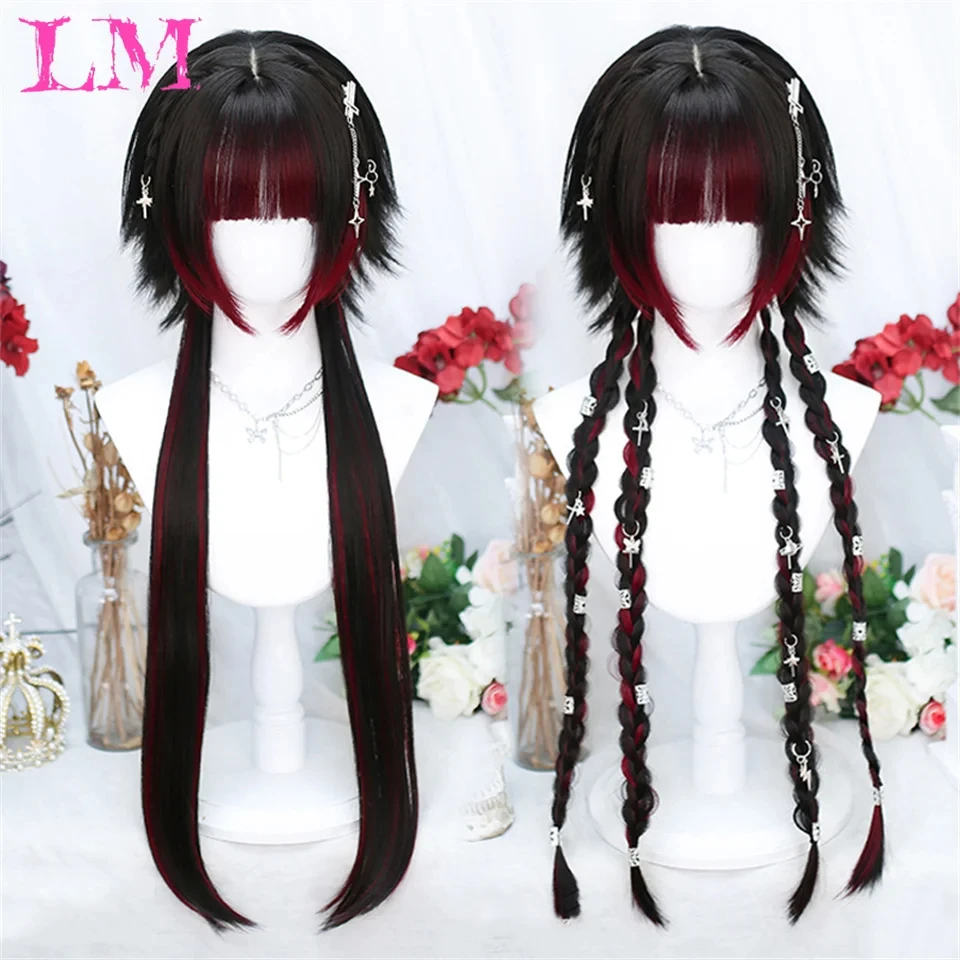 Black Wine Red Purple Long Straight Synthetic Wigs with Bangs Beige Lolita Hairs Wig for Women Daily Party Heat Resistant Fiber
