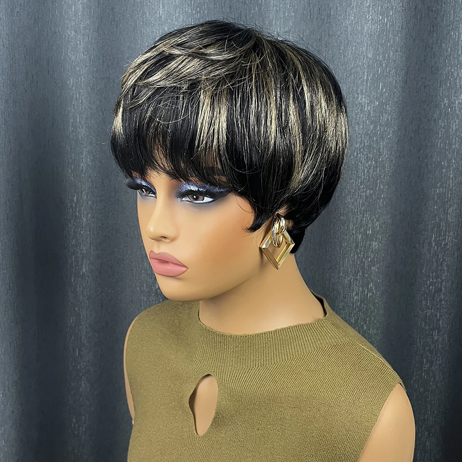 باروكات شعر بشري مفرود قصير للنساء ذوات البشرة السمراء، تسليط الضوء على شعر مستعار أومبير بيكسي بوب بطبقات مع الانفجارات شعر ريمي برازيلي مصنوع آليًا