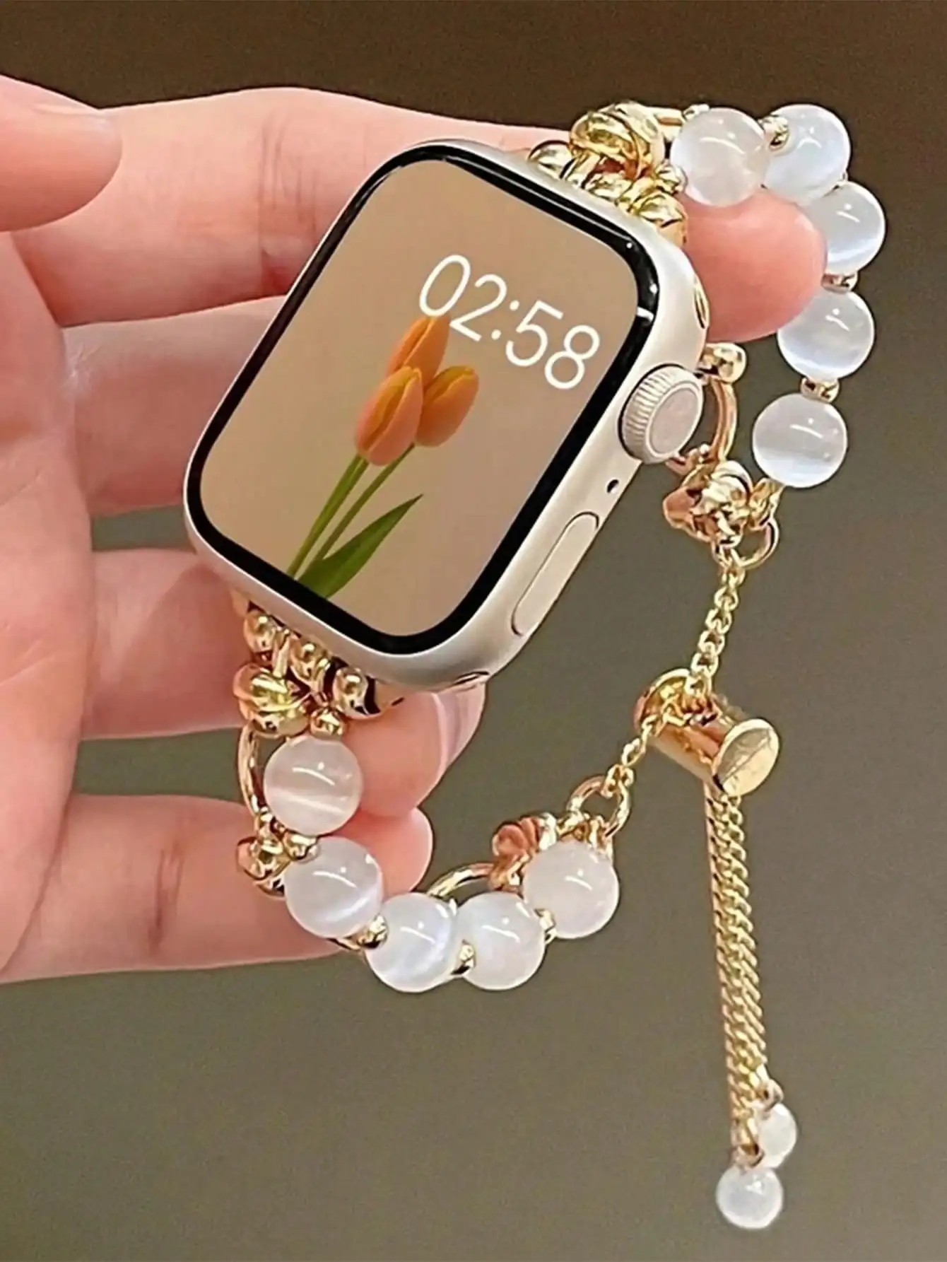 

Элегантный золотистый ремешок для умных часов с бусинами и камнями «кошачий глаз» для смарт-часов 38-49 мм