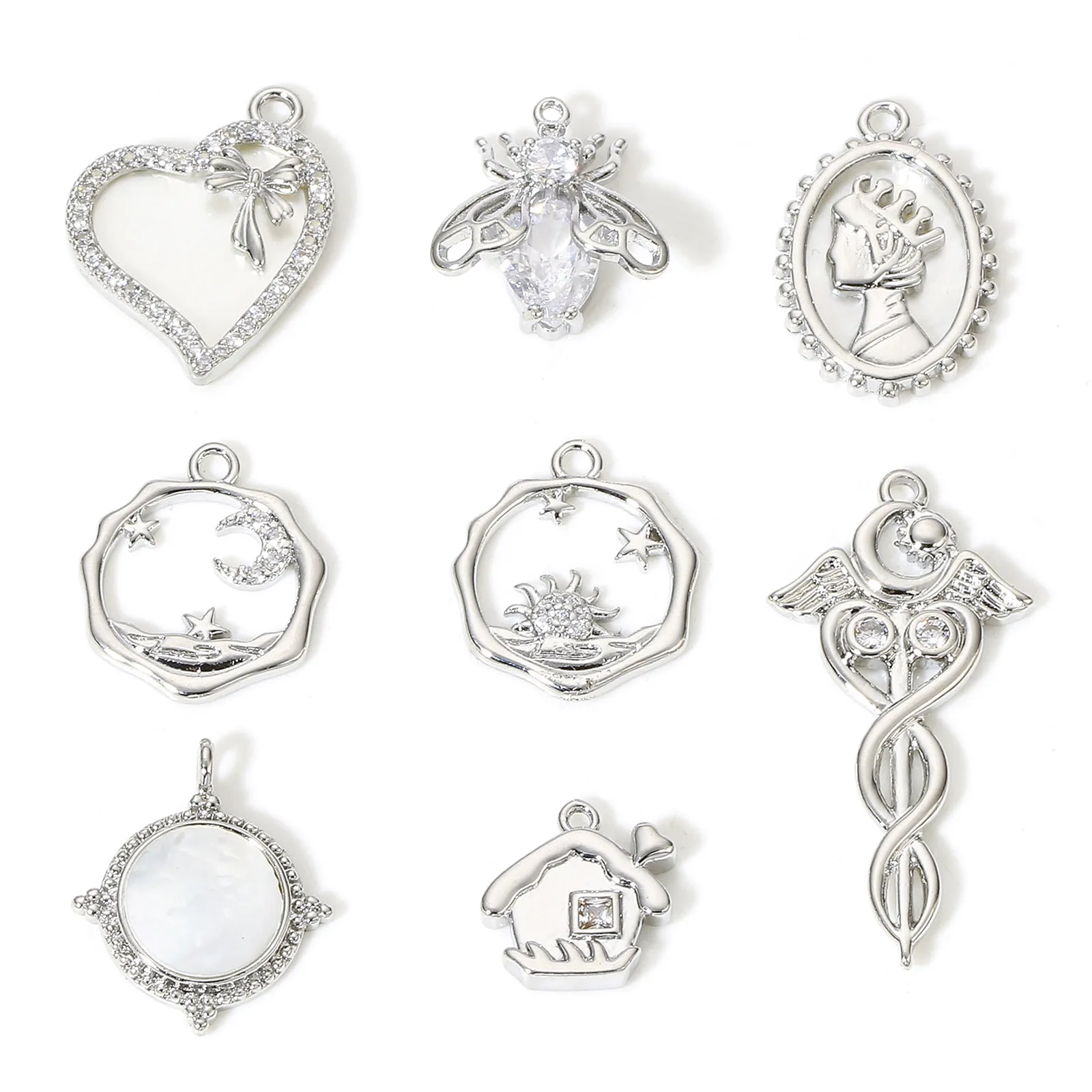 1pc Copper Charms Silver Color Heart Moon Star Rhinestone Pendant DIY Necklace Earrings For Women Party Jewelry Findings