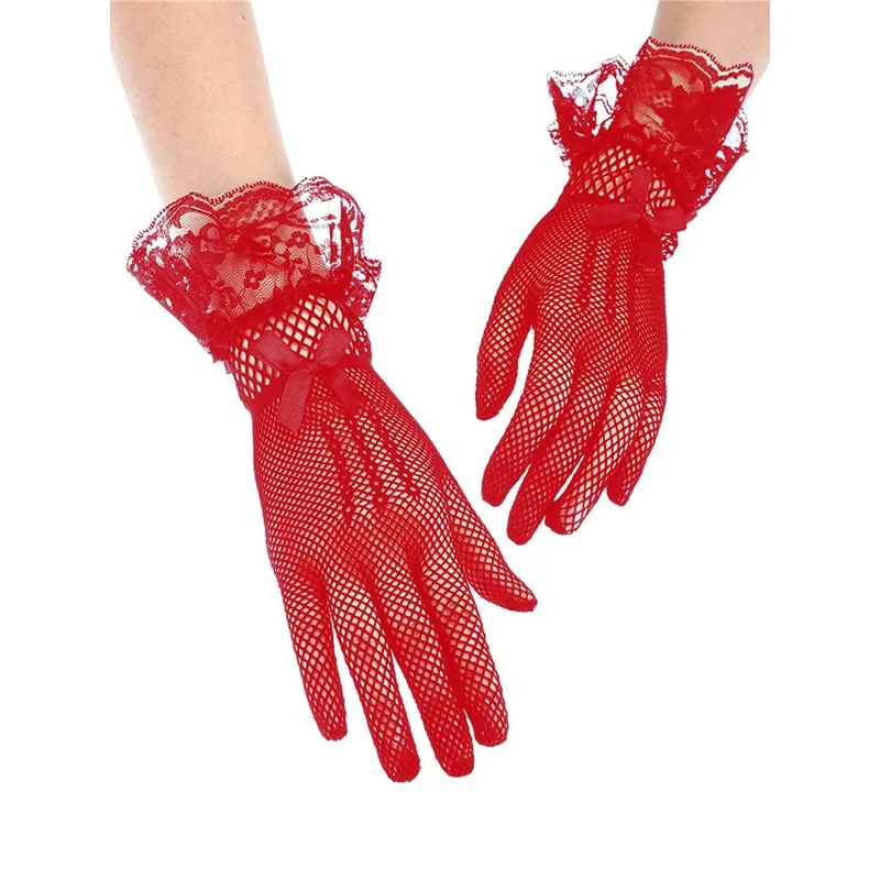 1 Pair Elegant Ladies Short Lace Gloves New Sheer Fishnet Mesh Black White Prom Party Female's Fashion Solid White Mittens image 4