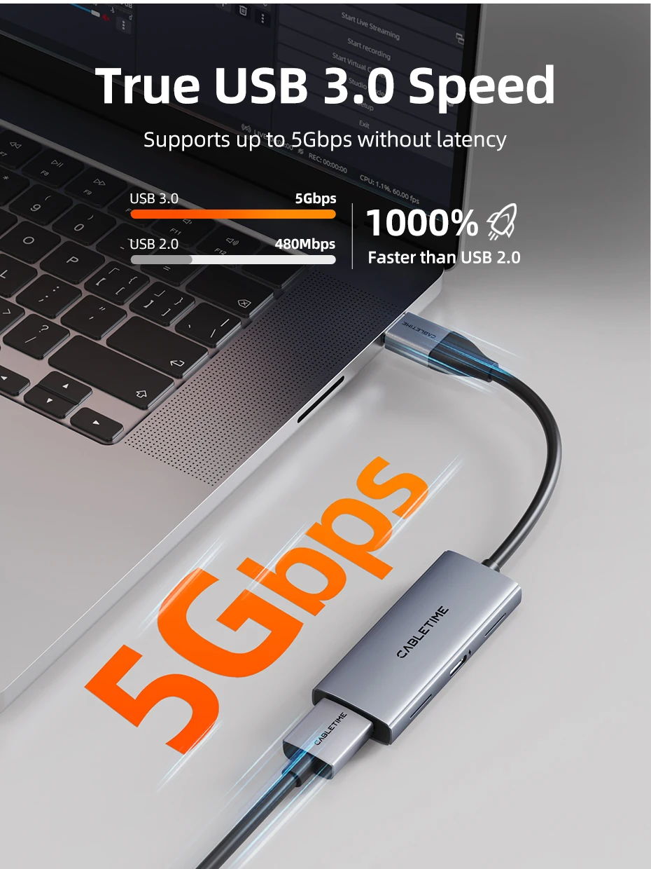 CABLETIME USB 3.0 Videoaufnahmekarte PD 100 W HDMI Capture 5 Gbit/s 4K 1080p Full HD für PS5 Srteaming Switch Videorecorder – Detail 7