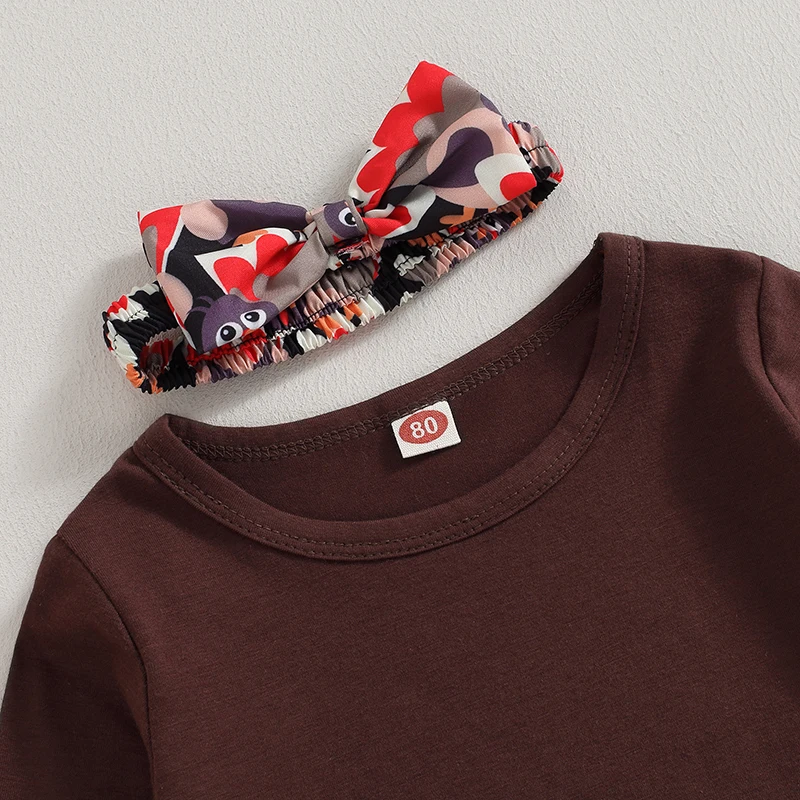 Pakaian Musim Gugur Anak Perempuan Kaos Lengan Panjang dengan Rok Motif Turki dan Bando Senada - Set Thanksgiving 3 Potong