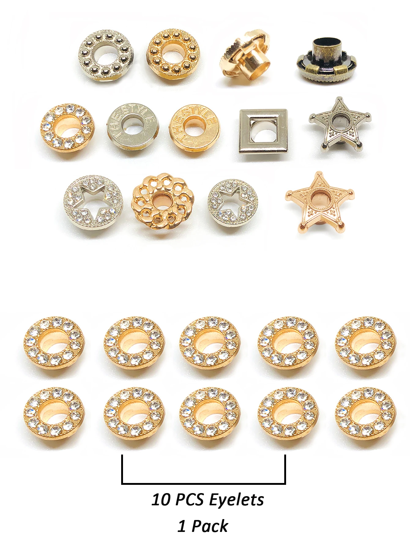 10 Pcs Multi-Style Grommet Eyelets Kit, Brass Rhinestone and Copper Metal Fittings for DIY Crafts Bag Making supplies Decoration