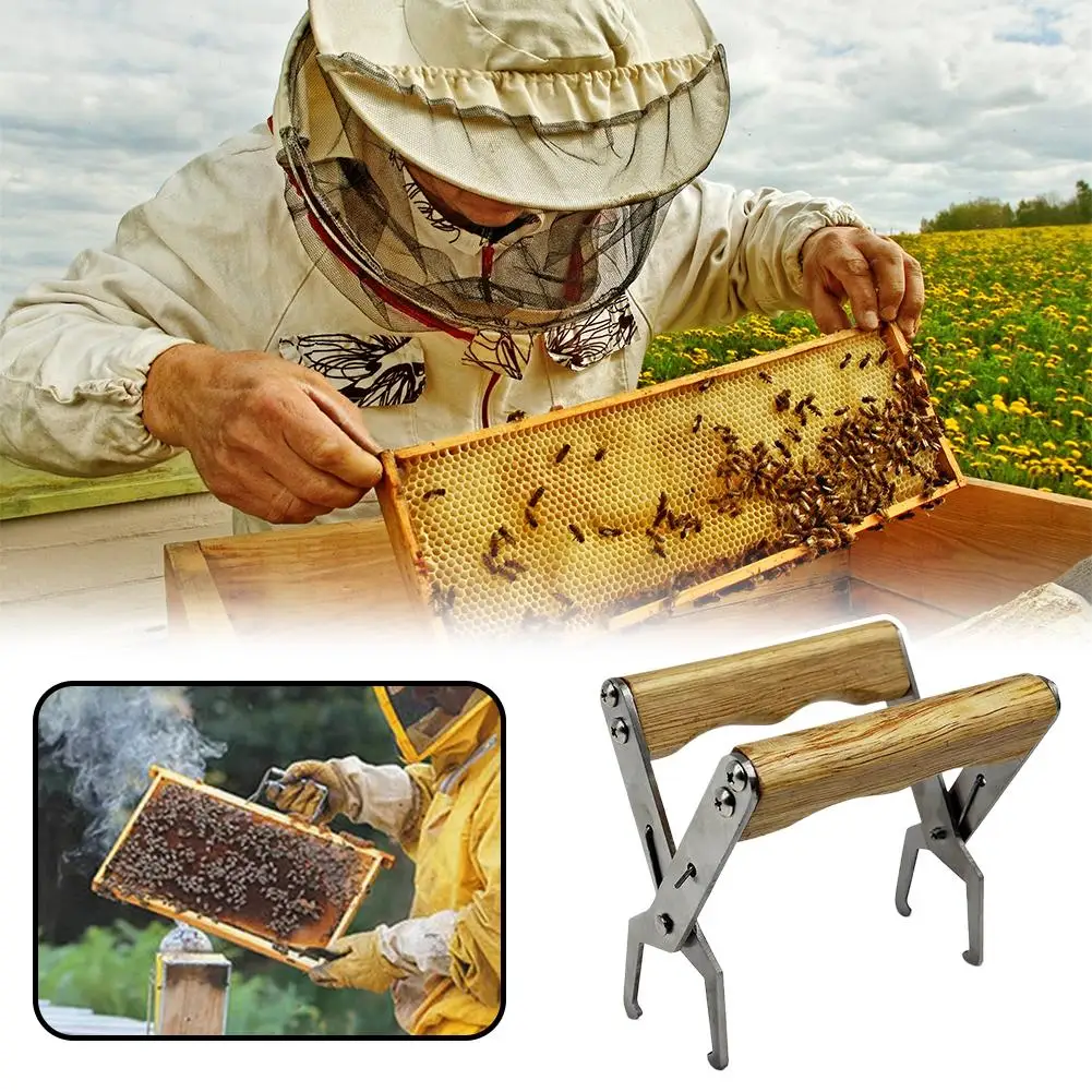 Beekeeping Comb Lifter Stainless Steel Wooden Handle Hive Frame Clip Honey Bee Tool Frame Lifter Apiary Equipment