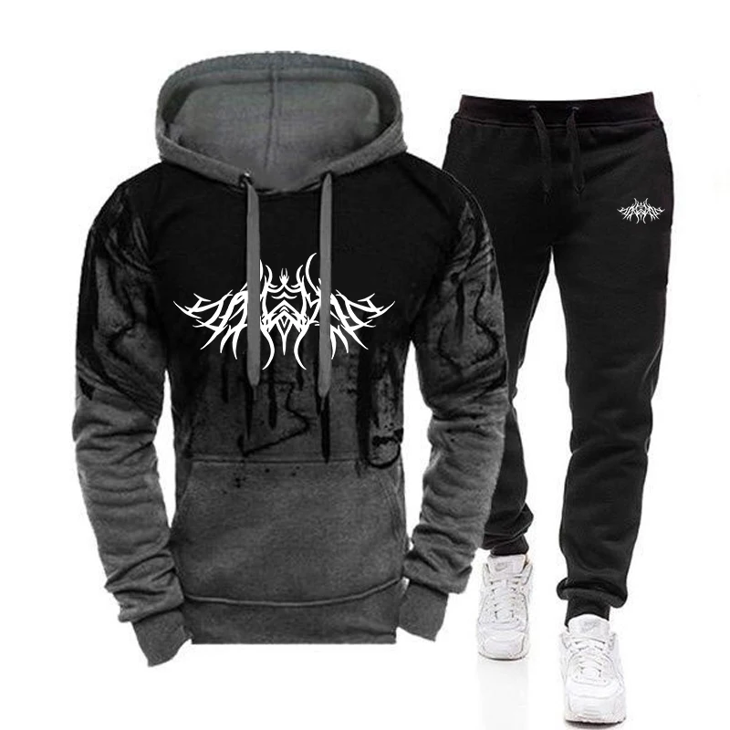 Mens Tracksuit Splash-ink Hooded Sweatshirt Casual Trousers Running  Suit Men Sports Two-piece Set Male Fashion Jogging Clothes