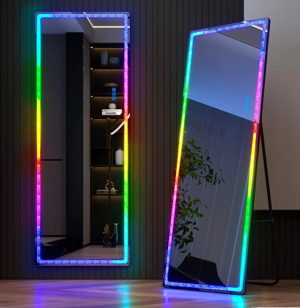 Vlsrka Full Length Mirror with RGB Lights, 63x20 Full Body Lighted Mirror with Crushed Diamond