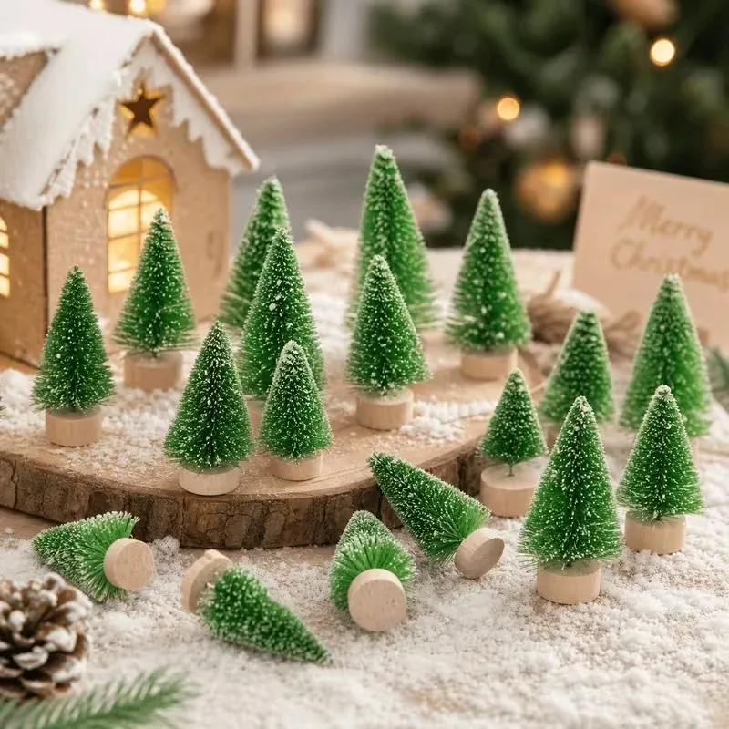 10-100PCS Mini Christmas Bottle Brush Trees Village Ornaments Plastic Trees with Wooden Base Miniature Xmas Tree Decorations Set