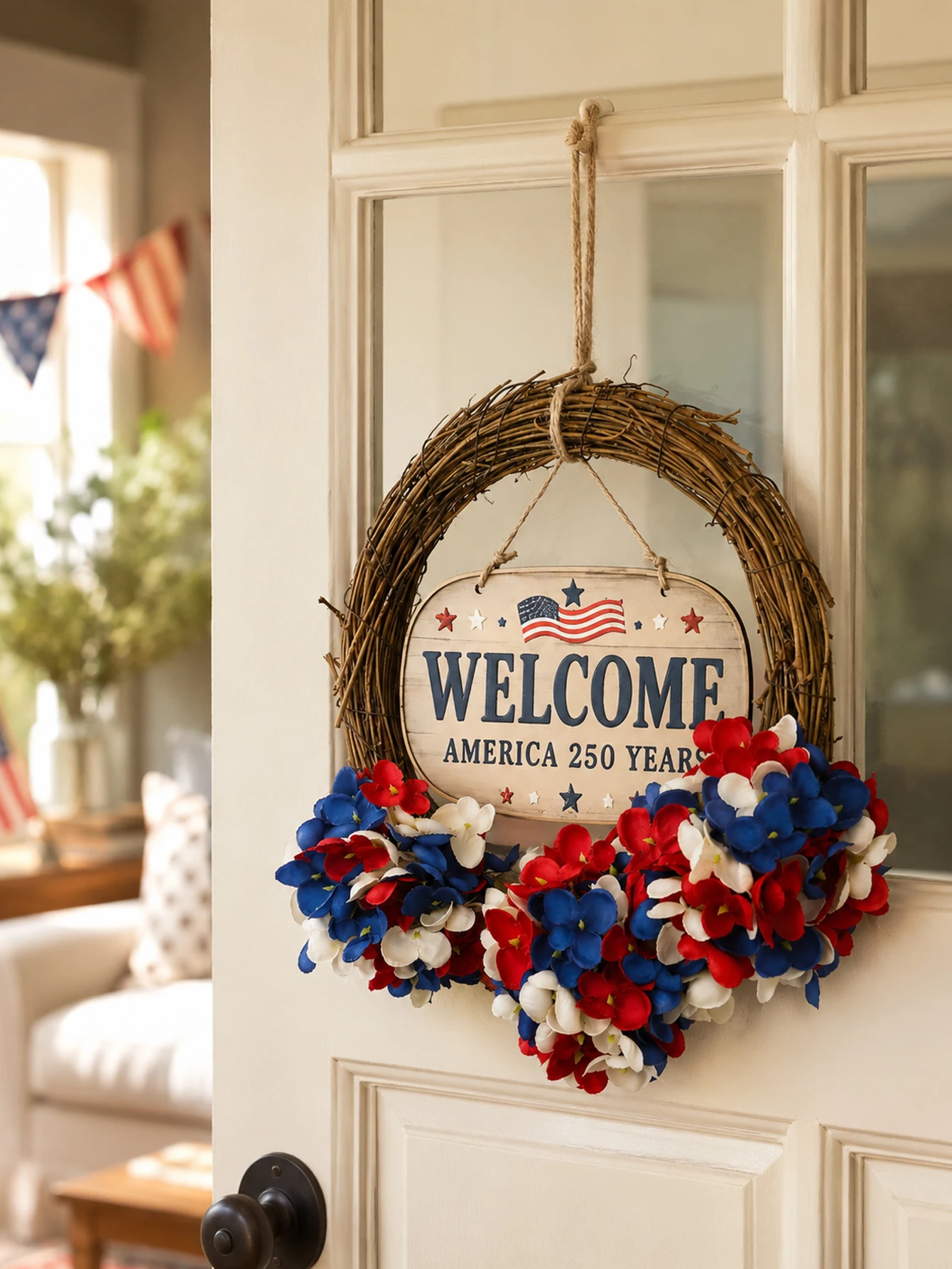 Patriotic Hydrangea Wreath, 4th of July Welcome Sign Door Wreath, Flower Grapevine Wreath for Independence Day Front Door Decor