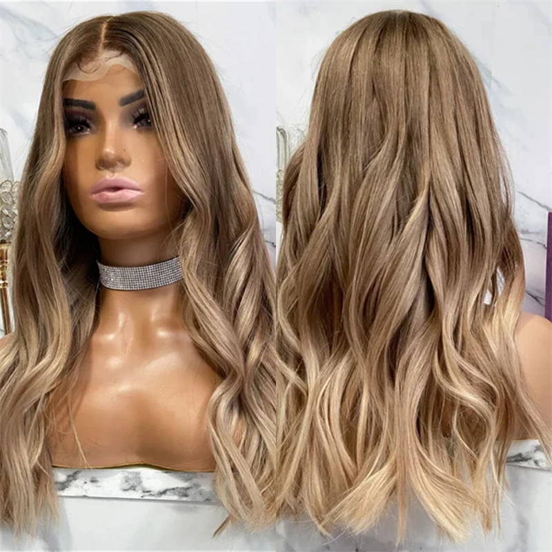 

Натуральная предварительно выщипанная линия волос 13x4 Ombre Медово-коричневый блондинка Синтетический парик спереди с волосами ребенка HD Невидимый парик фронта шнурка