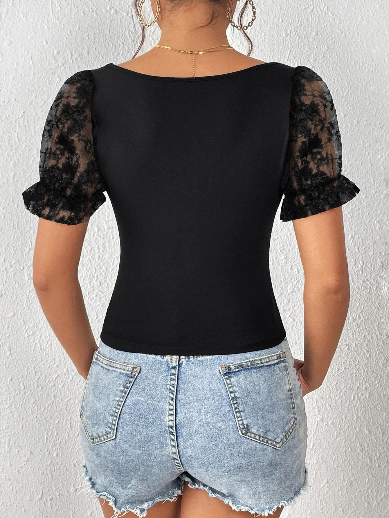 Women Square Neck Mesh Puff Sleeve Top, Floral Flocked Sheer Short Sleeve Slim Fit Cropped Blouse Casual Tee