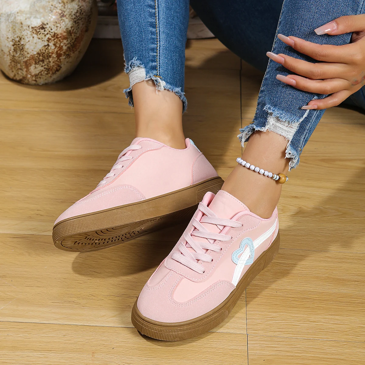 أحذية رياضية نسائية أحذية كاجوال مسطحة على شكل قلب نمط الدوبامين اللون أحذية رياضية جلدية المشي احذية الجري المدربين الجدد #3