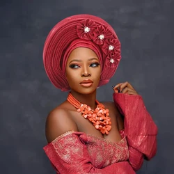 Elegant Nigerian Gele Turban for Women Handcrafted Floral Pleated Head Wrap Solid Color Autogele Headtie for Weddings & Parties