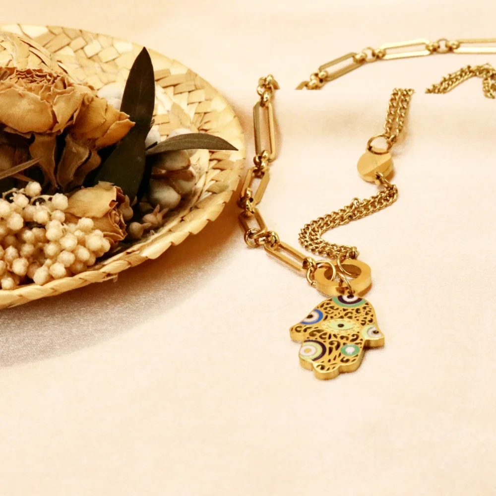 قلادة يد فاطمة عين الشر للنساء ، سلاسل ترقوة من الفولاذ المقاوم للصدأ ، مجوهرات تميمة تركية عتيقة ، لون ذهبي
