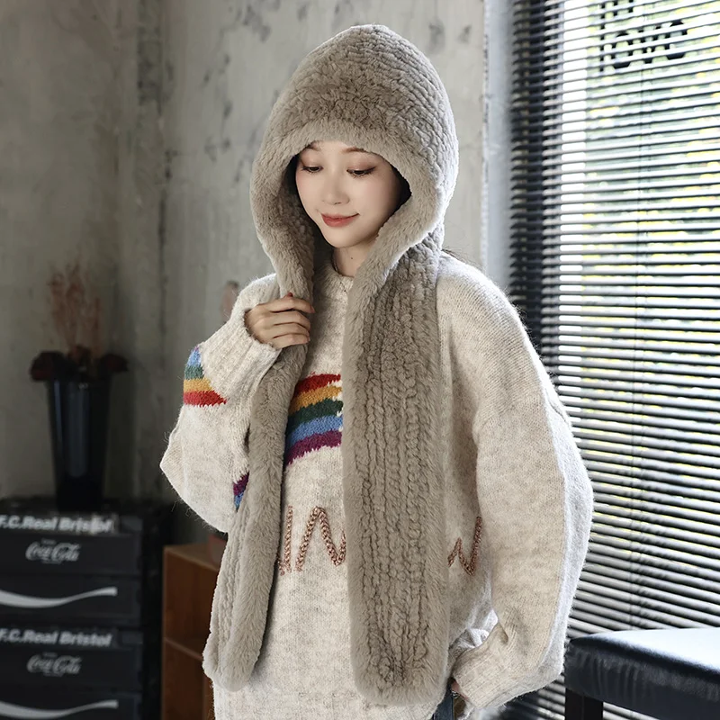 Besfilin Real Rex Rabbit Fur Woven Hat Scarf Integrated for Women,  Keep Warm Ear Protection, Windproof Outdoor, Autumn Winter