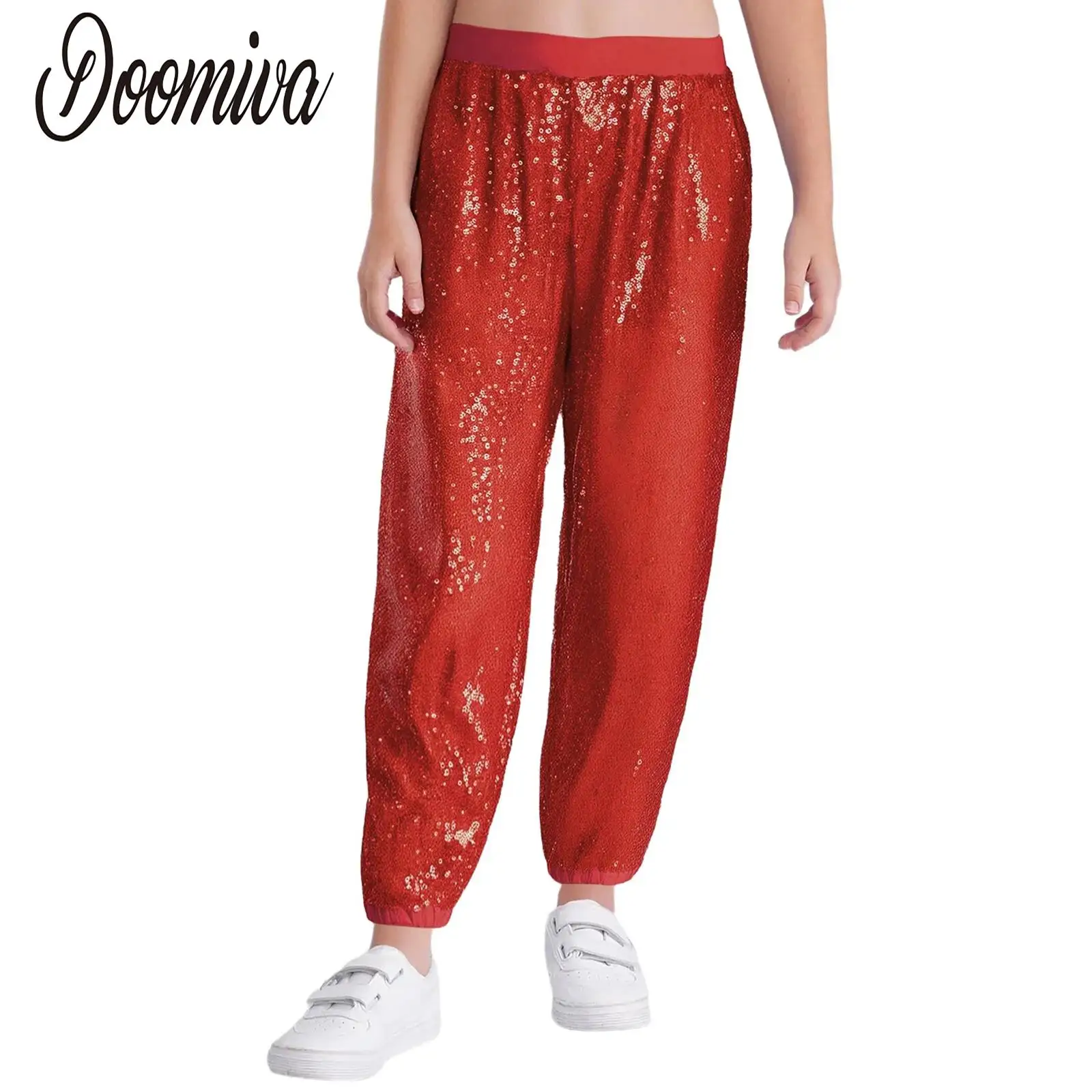 Kids Girls Sequined Jazz Modern Dance Pants Street Hip-Hop Stage Performance Costumes Sparkly  Elastic Waistband Bloomers Pants
