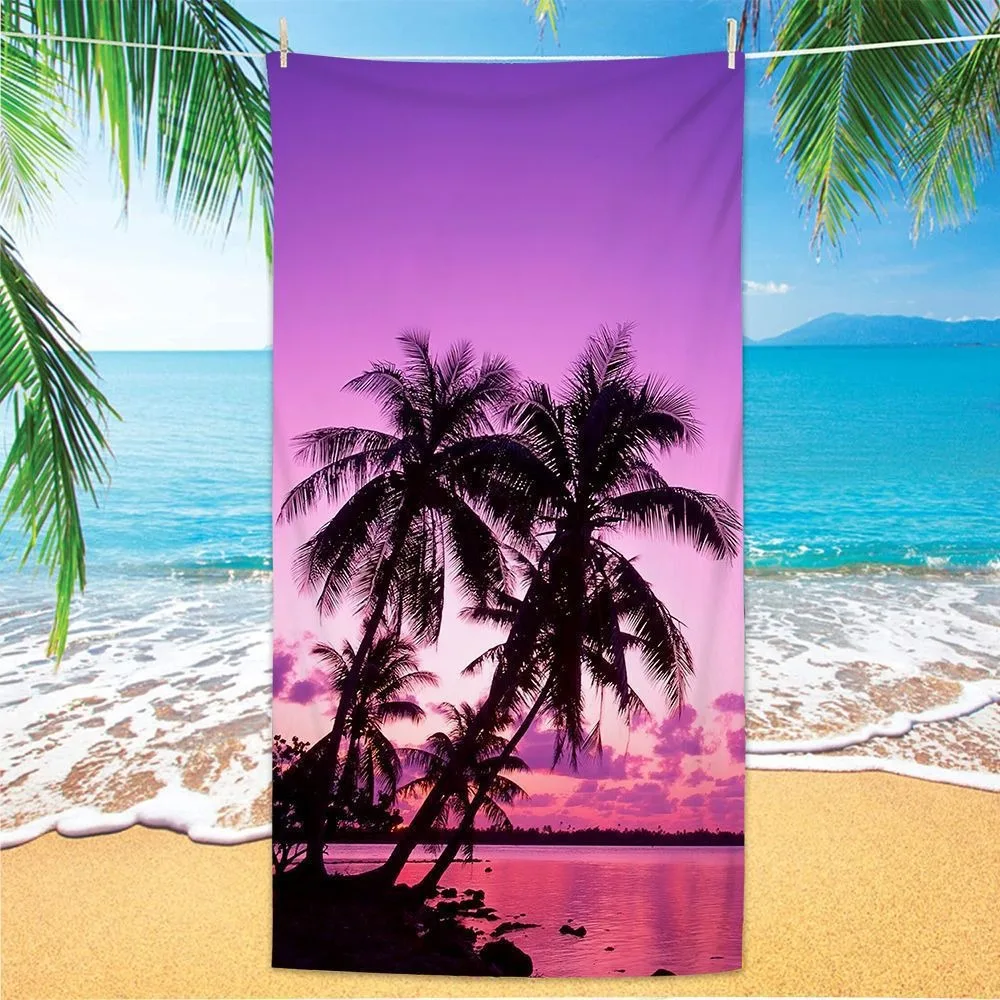 

Purple Sunset Palm Tree Beach Towel Polyester Quick Dry Sand Free Bath Towel Tropical Landscape Blanket Summer Seaside Travel