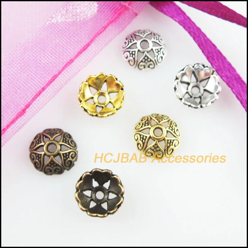 Fashion 100Pcs Retro Tibetan Silver Antiqued Bronze Gold Color Heart Flower Spacer End Beads Charms 8mm