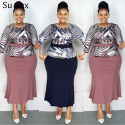 Print Patchwork Maxi Dress African Dresses For Women Plus Size Africa Clothing Office Lady O Neck High Waist Long Dress 2XL-6XL