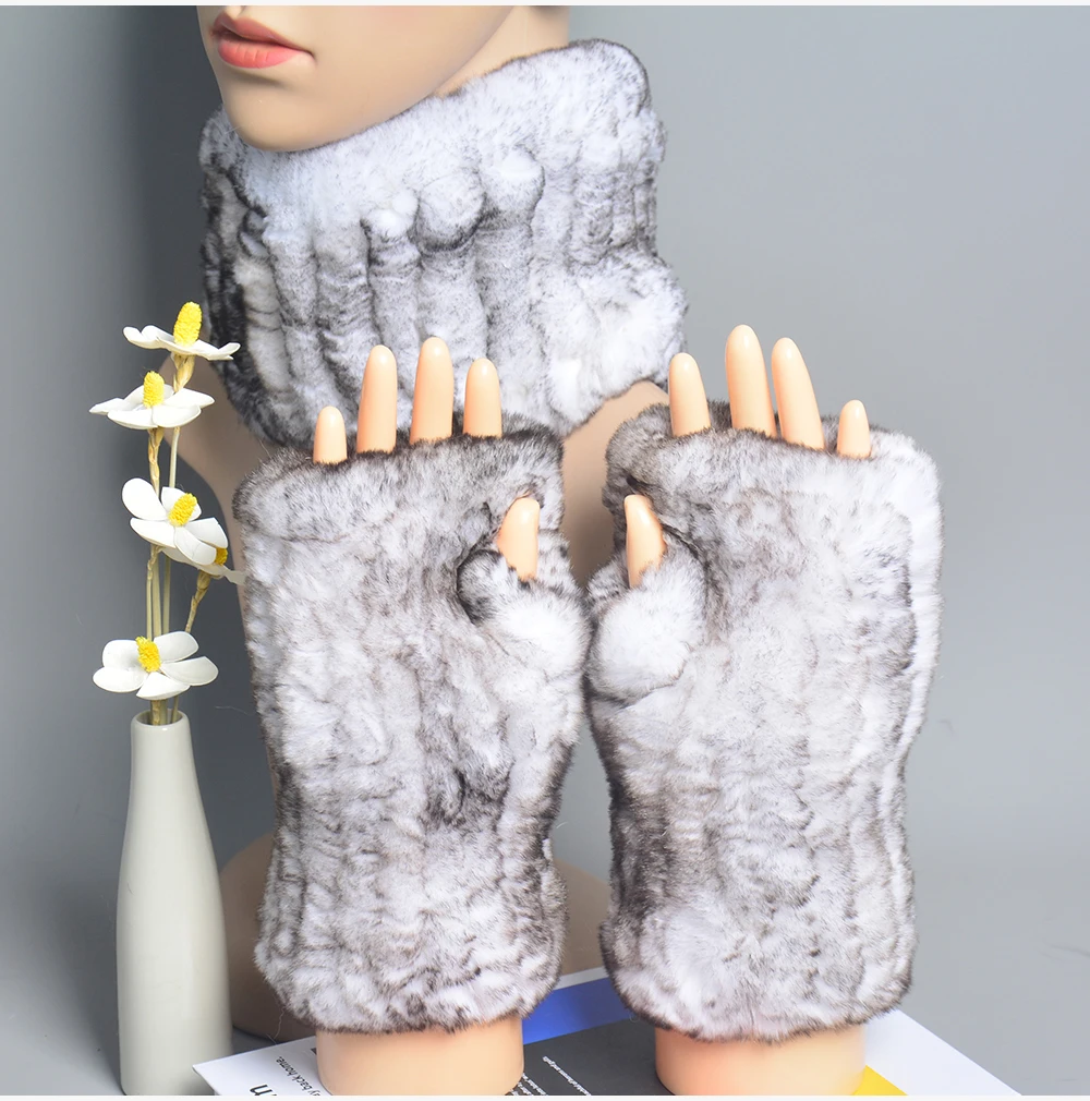 One Set Women Real Rex Rabbit Fur Cuff+Headband Winter Warmer Hat Arm Wrist Sleeve Gloves Female Real Fur Cap+Elastic Wristband