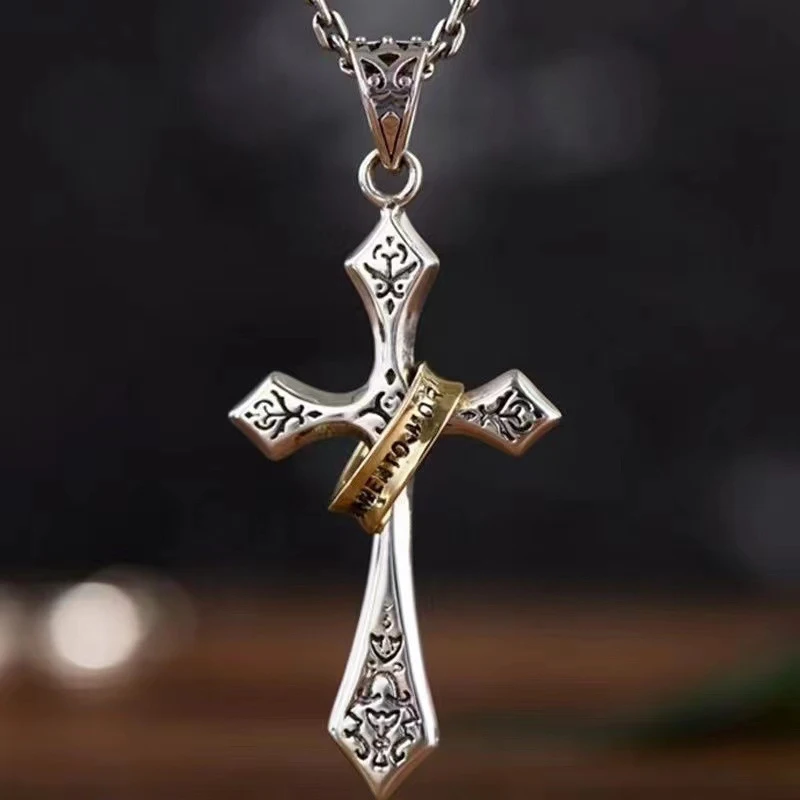 Gold-plated copper vintage cross necklace for men, hip-hop pendant, men's Thai silver three-dimensional sweater chain wholesale