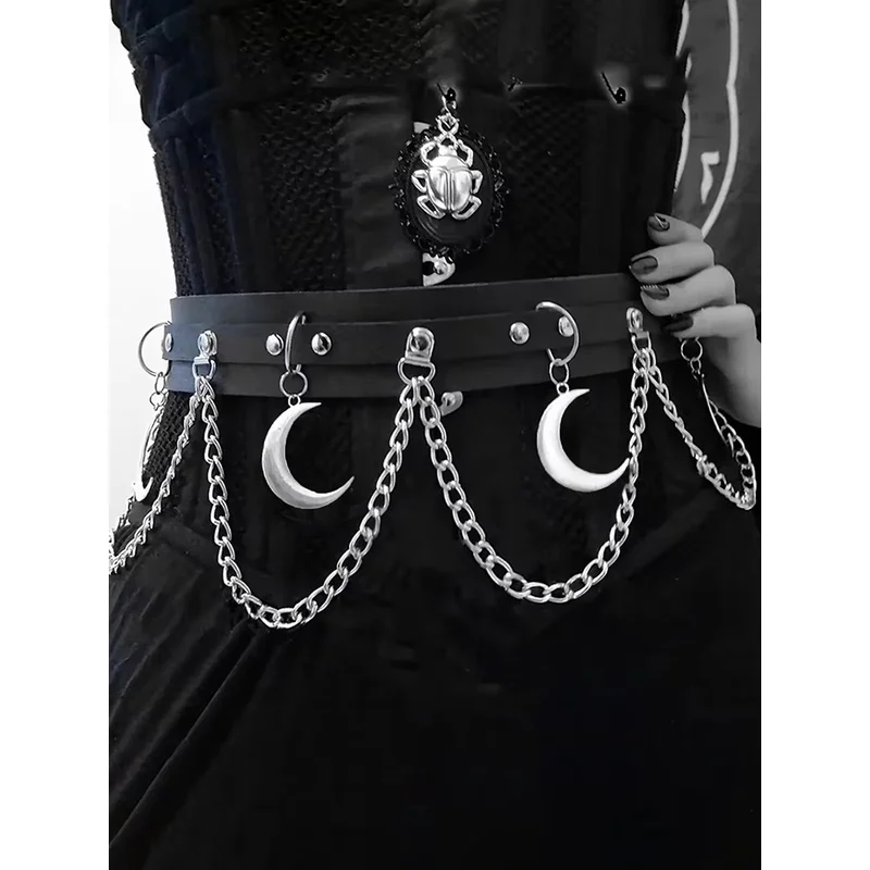 Punk Gothic Multi‑layer Crescent Moon Chain PU Leather Waist Harness Belt, Adjustable Y2K Decor Accessory for Rave Festival Hall
