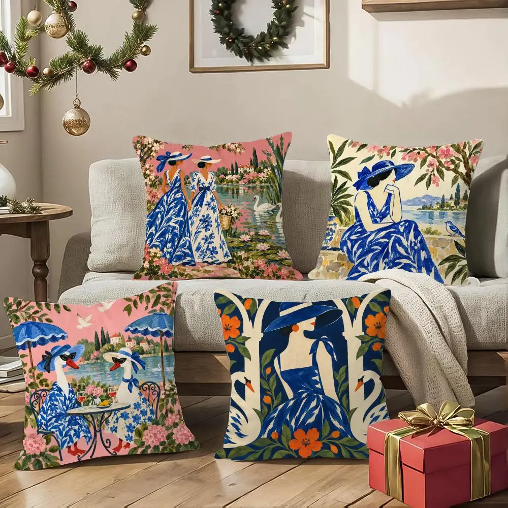 Blue Garden Figures Cushion Cover 1/4Pcs Soft Plush Throw Pillow Cover Double-Sided Print Sofa Living Room Decor