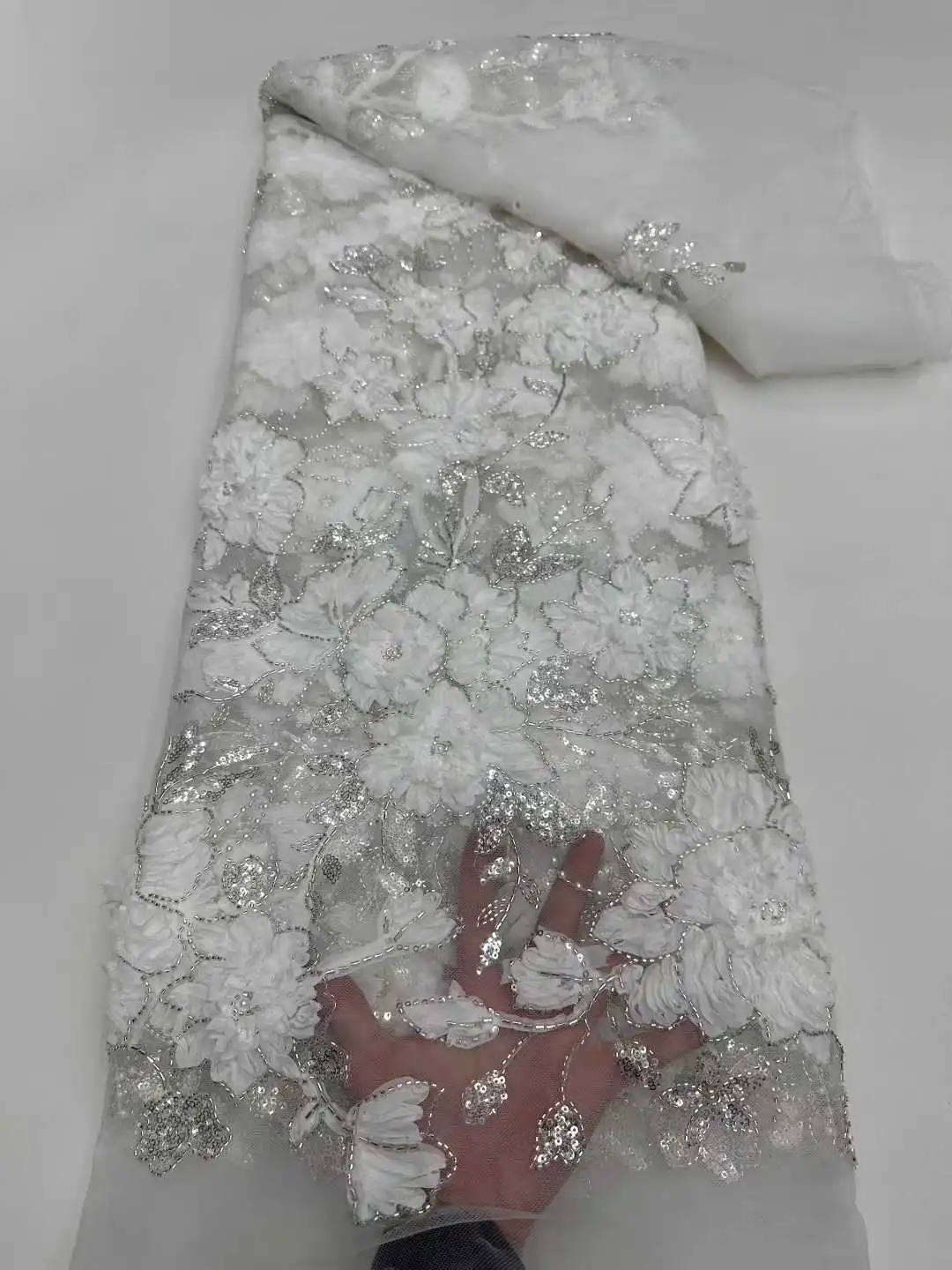 2025 High Quality African Fashion French 3D Flower Sequin Lace Fabric Beaded Embroidery Lace Fabric Ladies Dress Sewing AH1688